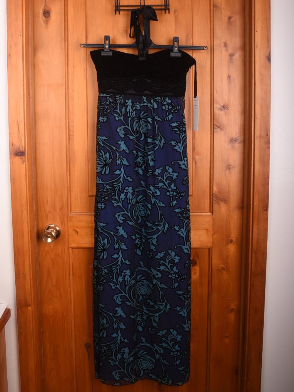 Hale Bob Dress NWT Velvet Bodice Teal Blue Boho Paisley Halter Strapless Size Lg